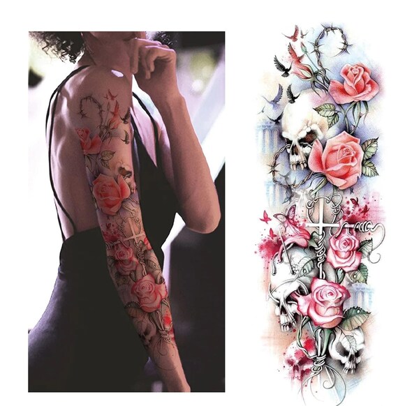 Rose Requiem Gothic Skull & Roses Arm Sleeve Temporary Tattoo
