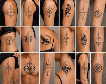 May include: A collection of black ink temporary tattoos featuring various designs including geometric symbols, Norse-inspired compasses, a tree of life, a raven, a wolf, mountain landscapes, and intricate ornamental patterns applied to skin.