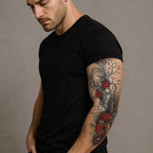 Cherry Blossom Rose Skull Temporary Tattoo - Full Sleeve Waterproof Body Art image 6