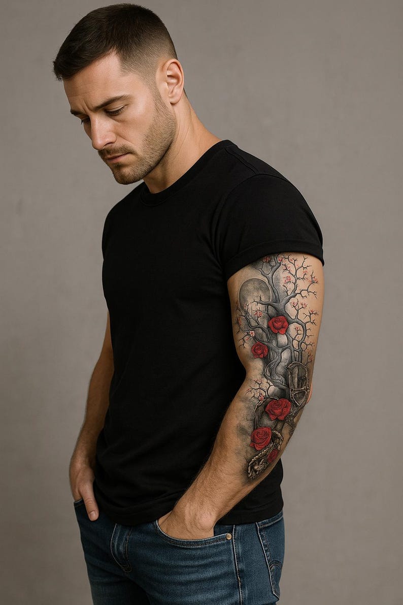Cherry Blossom Rose Skull Temporary Tattoo - Full Sleeve Waterproof Body Art image 6