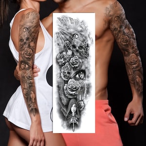 May include: Black and white temporary tattoo sleeve design featuring a skull, roses, an eye, a woman with a cross, and the text "Only Time Will Tell".