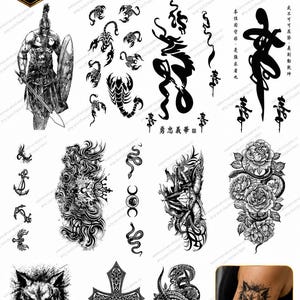 May include: A set of 10 temporary tattoos with various black designs, including a warrior, scorpions, dragons, and floral patterns. The words "Premium Quality Temporary Tattoos" and "Patchwork Temporary Tattoo Set" are displayed at the top. The tattoos are described as waterproof, easy to apply, skin-friendly, and long-lasting.