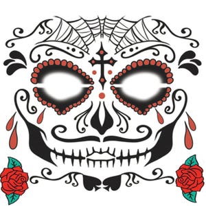 Może przedstawiać: Czarno-biały szablon makijażu twarzy w kształcie czaszki cukrowej z czerwonymi akcentami i dwiema czerwonymi różami. Czaszka ma krzyż na czole i wzór pajęczyny na górze.