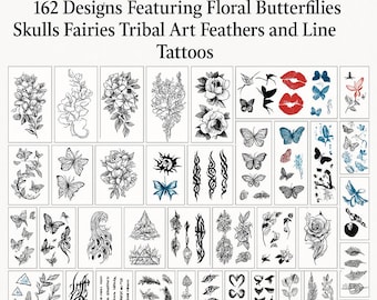 50 Sheet Temporary Tattoo Set - 162 Designs Featuring Floral Butterflies Skulls Fairies Tribal Art Feathers and Line Tattoos DIY Craft Art