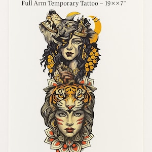 Wolf Crowned Woman and Tiger Warrior Full Arm Temporary Tattoo – 19” Waterproof Realistic Body Art for Festival, Cosplay, Halloween Ready
