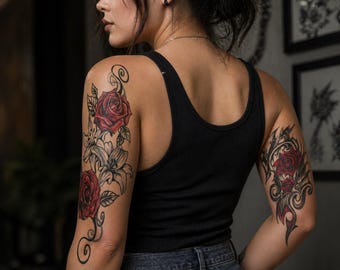 Red Rose & Vines Temporary Tattoo Set, Realistic Floral Stickers