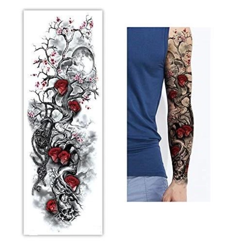 Cherry Blossom Rose Skull Temporary Tattoo - Full Sleeve Waterproof Body Art image 8