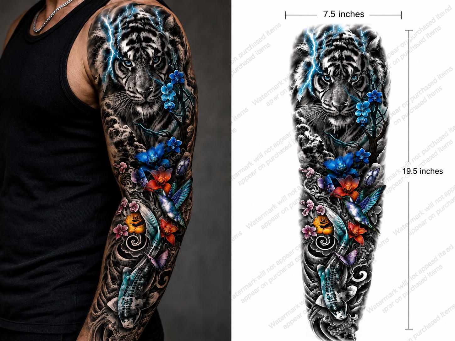 Blue Tiger Sleeve Temporary Tattoo Black White Tiger Floral