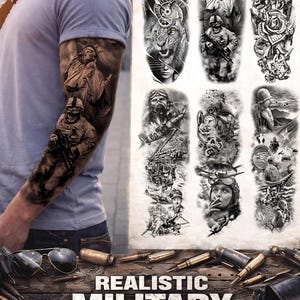 Realistic Military Temporary Tattoo Sleeves: Patriotic Wolf, Statue of Liberty, Skull Designs