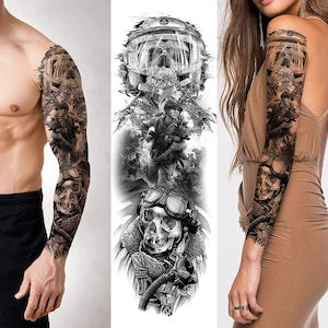 May include: Black and white temporary tattoo sleeve design featuring a skull wearing a pilot's helmet and goggles, a soldier holding a rifle, and other military imagery.