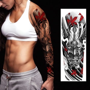 Full Arm Temporary Tattoo Sleeve – Kabuki Demon Mask Design with Red Leaves – Large Waterproof Fake Tattoo for Arm Thigh Chest