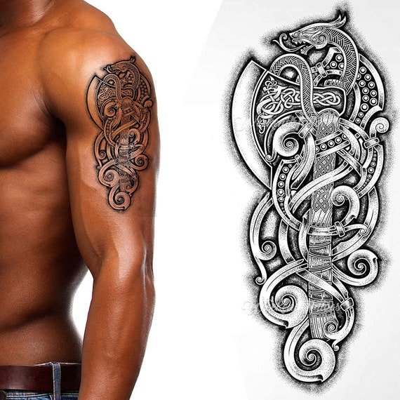 Temporary Tattoo Viking Axe Dragon Nordic Black Tribal Barbarian Celtic  Warrior Body Art for Arms Shoulder Adult Men Women Medieval Costume - Etsy