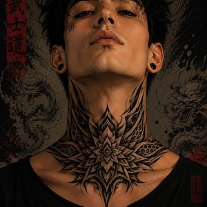 May include: A portrait of a person with dark hair, black ear gauges, and a prominent black ink tattoo covering the neck in a symmetrical floral pattern. The background features dark, abstract brushwork, a dragon illustration, and red vertical text.
