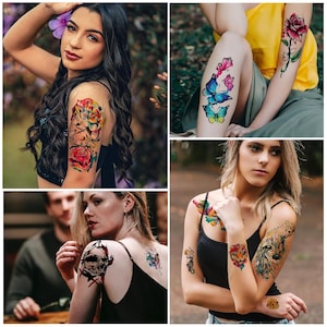May include: Four temporary tattoos featuring colorful designs. The tattoos include a skull, a lion, a butterfly, and a clock with flowers.