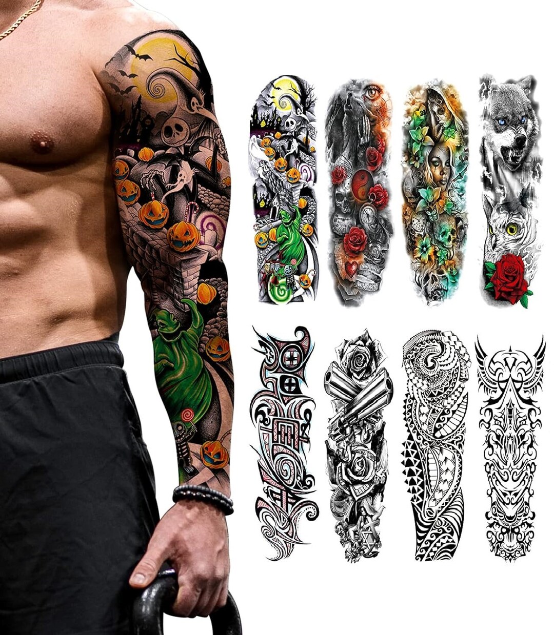 Set of 8 Full Arm Tattoo Sleeves Temporary Large Fake Body Art Arm ...