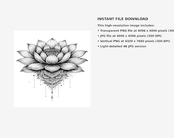 May include: Black and white detailed illustration of a lotus flower with a mandala design. The image includes the text "INSTANT FILE DOWNLOAD" and file details for a high-resolution image.