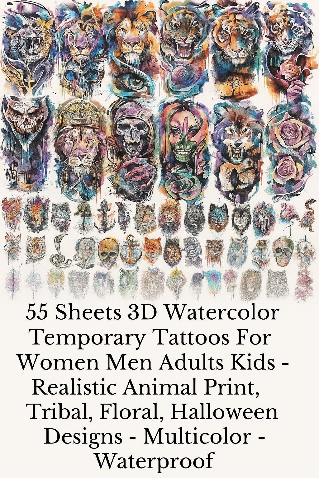 3D Realistic Temporary Tattoos Animals Half Arm Sleeve Tribal Tiger Lion Death Skull Flower Compass Wolf Owl Anchor Also Easy to DIY Crafts