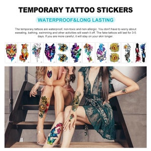 May include: A set of 10 temporary tattoo stickers featuring colorful designs, including a wolf, a bee, a paw print, a sunflower, and a butterfly. The tattoos are waterproof and long-lasting.