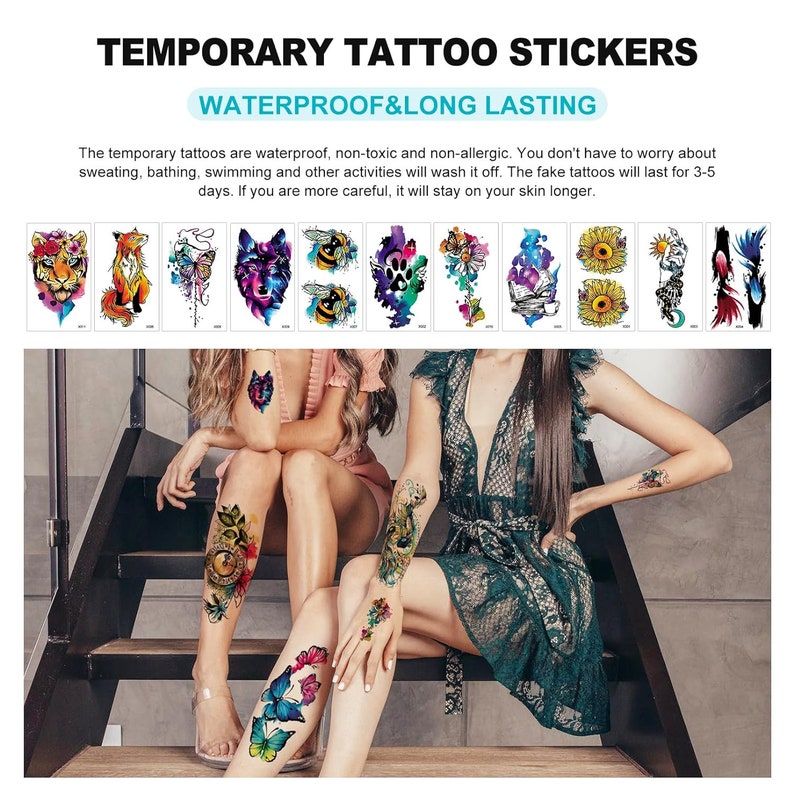 May include: A set of 10 temporary tattoo stickers featuring colorful designs, including a wolf, a bee, a paw print, a sunflower, and a butterfly. The tattoos are waterproof and long-lasting.