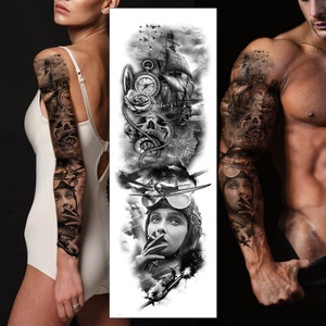 May include: Black and white temporary tattoo design featuring a skull, a ship, a compass, a rose, a woman's face, and airplanes. The tattoo is designed to be applied to the arm.