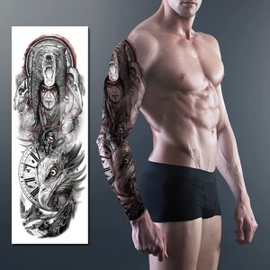 Realistic Look Full Arm Sleeve Temporary Tattoo Stickers Body Art Makeup Totem Dreamcatcher Wolf Eagle Forest Clock Waterproof