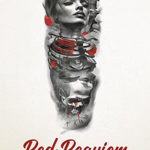 Red Requiem – Black and Gray Full Arm Temporary Tattoo Sleeve with Red Petals, Face, Skull, and Clockwork Anatomy 19x7&quot; Waterproof Body Art