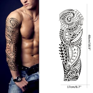 May include: Black and white temporary tattoo sleeve with intricate tribal patterns. The tattoo design measures 18.9 inches (48 cm) in length and 6.7 inches (17 cm) in width. The design features geometric shapes and swirling motifs.