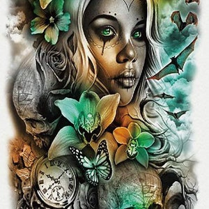 May include: A colorful tattoo design featuring a woman with a sugar skull makeup, surrounded by flowers, butterflies, and skulls. The design includes a clock face and a dark background.