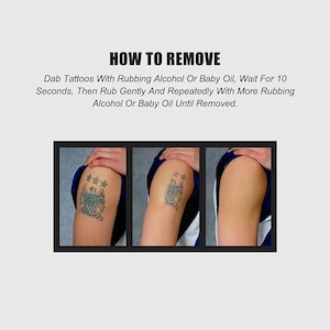 May include: A close-up of a person's arm with a temporary tattoo of a crest with a bird and stars. The tattoo is being removed with rubbing alcohol or baby oil. The image shows three stages of the removal process: before, during, and after.