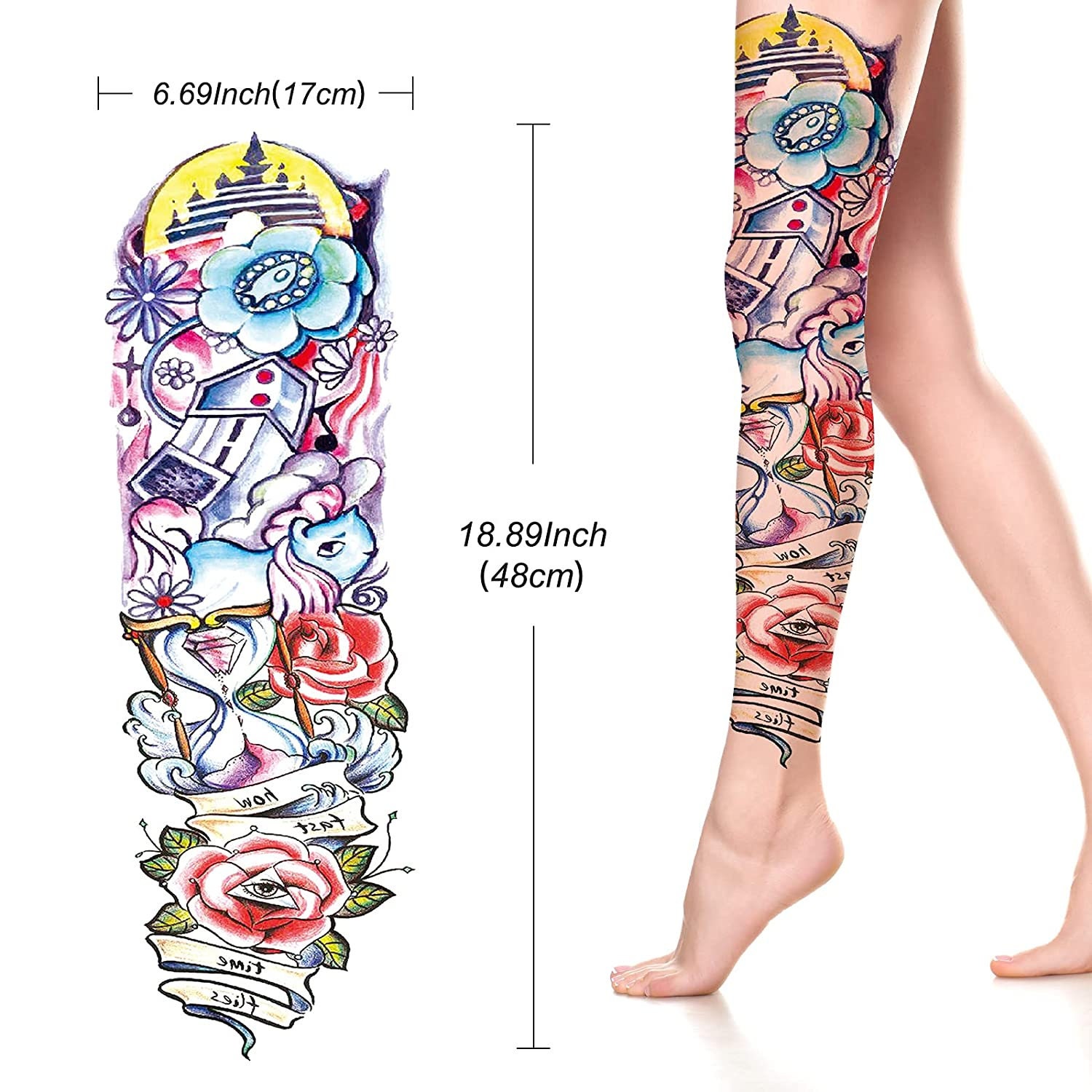Realistic Look Full Arm Sleeve Temporary Tattoo Stickers Body Art Leg Makeup Fashion Body Art Colorful Sandglass Roses Pattern Waterproof