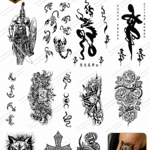 May include: A set of 10 temporary tattoos with various black designs, including a warrior, scorpions, dragons, and floral patterns. The words "Premium Quality Temporary Tattoos" and "Patchwork Temporary Tattoo Set" are displayed at the top. The tattoos are described as waterproof, easy to apply, skin-friendly, and long-lasting.