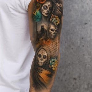 La Muerte’s Kiss – Full Arm Temporary Tattoo Sleeve 19x7&quot; with Day of the Dead Sugar Skulls, Grim Reaper, and Orange-Teal Roses Gothic Ink