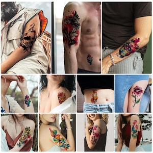 May include: A collection of temporary tattoos featuring various designs, including a skull, a bird, a fox, a flower, a compass, and a dreamcatcher. The tattoos are colorful and detailed, and they are perfect for adding a touch of personality to your look.