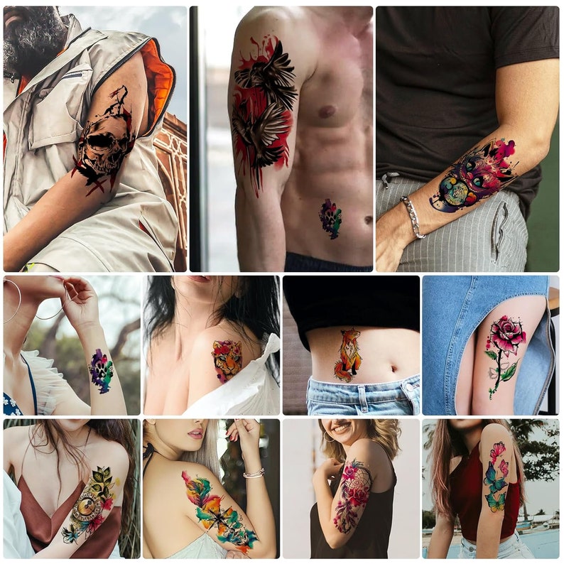 May include: A collection of temporary tattoos featuring various designs, including a skull, a bird, a fox, a flower, a compass, and a dreamcatcher. The tattoos are colorful and detailed, and they are perfect for adding a touch of personality to your look.