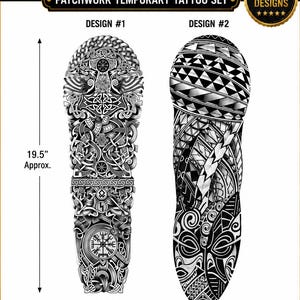 May include: Patchwork temporary tattoo set with two designs. Design #1 is 19.5 inches long and 7.5 inches wide, featuring intricate black and white patterns. Design #2 showcases a geometric and tribal design. The tattoos are waterproof, easy to apply, skin-friendly, and long-lasting.