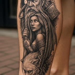 Norse Mythology Tattoo Design – Odin, Valkyrie, and Fenrir – Viking Blackwork Line Art Download – Digital Tattoo Stencil Bonus Wolf Head Art