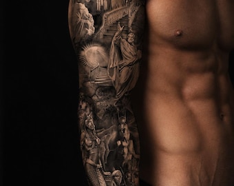 Greek Mythology Angel Egyptian Queen Temporary Tattoo Full Arm Sleeve Realistic Black Gray Waterproof Body Art Cosplay FX
