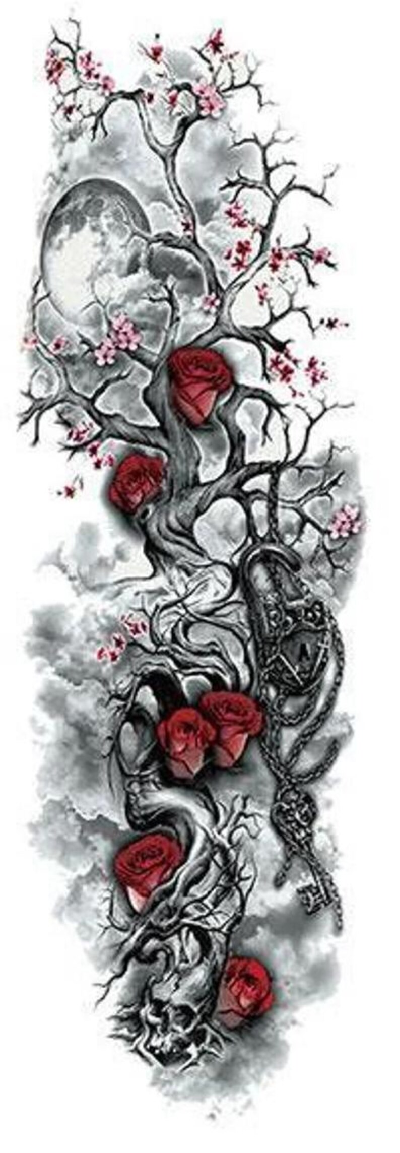 Cherry Blossom Rose Skull Temporary Tattoo - Full Sleeve Waterproof Body Art image 7