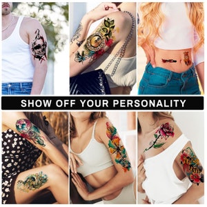 May include: A set of temporary tattoos featuring various designs, including a compass, a dreamcatcher, a skull, a flower, and a fox. The tattoos are colorful and detailed, and they are perfect for adding a touch of personality to your look.