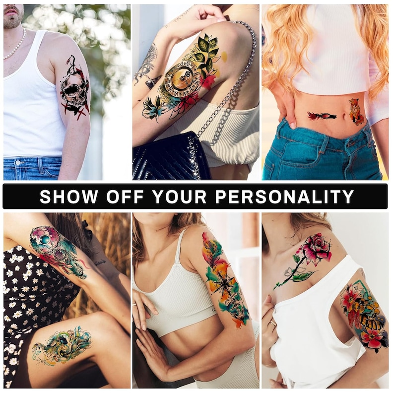 May include: A set of temporary tattoos featuring various designs, including a compass, a dreamcatcher, a skull, a flower, and a fox. The tattoos are colorful and detailed, and they are perfect for adding a touch of personality to your look.