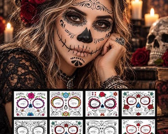 Sugar Skull Face Temporary Tattoo Sticker Set, Handcrafted Día de los Muertos Temporary Tattoo, DIY Craft Supplies, 8 Sheets