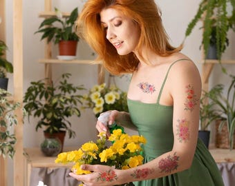 Watercolor Floral Temporary Tattoos - Realistic Flower Body Art, DIY Craft Stickers