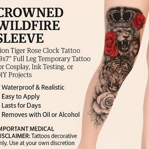 Crowned Wildfire Lion Tiger Rose Clock Sleeve 19x7 Temporary Tattoo Sticker for Cosplay DIY Crafting Costume Design or Beach Festival Wear