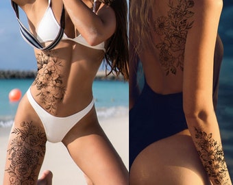 Set of 8 Temporary Tattoos Fake Flower Stickers Semi Permanent Tatuajes Temporales Long Lasting Realistic Flower Snake Waterproof Leg Makeup