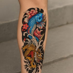 Epic Koi & Dragon Full Sleeve Tattoo Sticker – 19x7 Inch Temporary Japanese Style Tattoo Design for Crafts, Body Art, Scrapbooks, or Cosplay