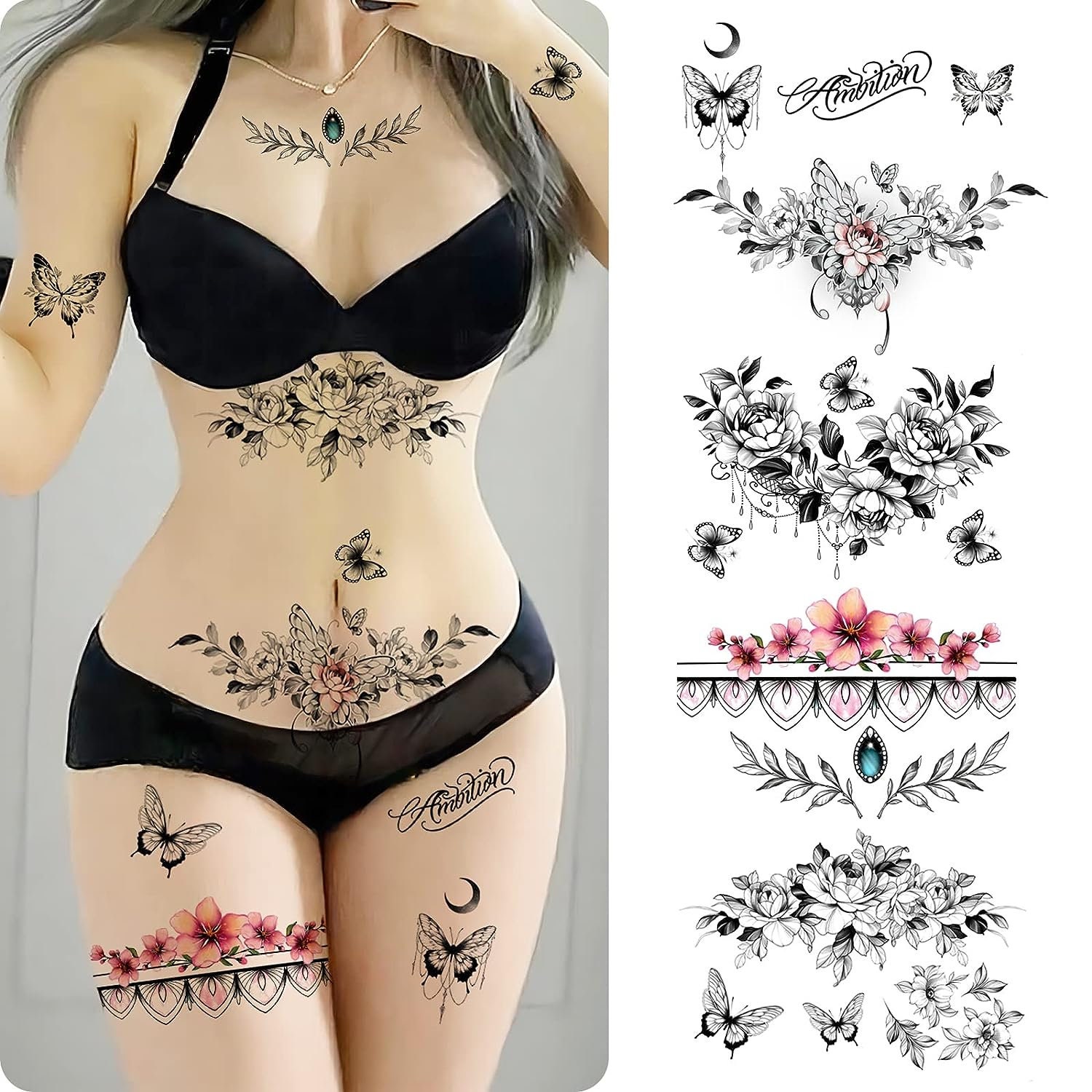 3D Floral Butterfly Temporary Tattoo Set, Sexy Body Art - Etsy