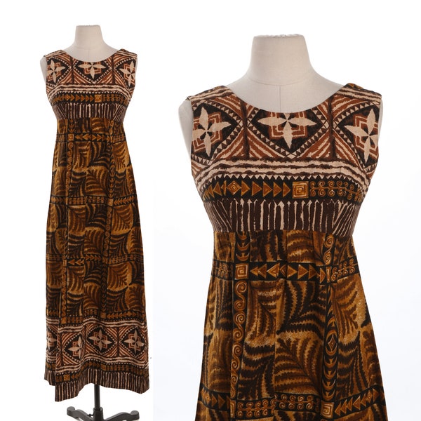 Vintage Hawaiian Dress - Brown Tribal Print - Era 70's - 80's