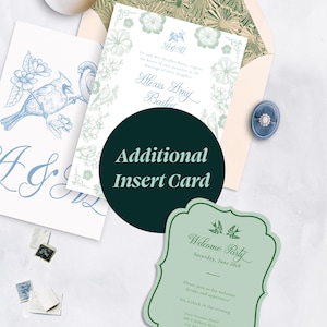 May include: Wedding invitation suite featuring floral and bird illustrations in blue and green. Includes an invitation, insert card, welcome party card, and a ring in a blue velvet box. The text "Alexis Amy Bailey" is visible.