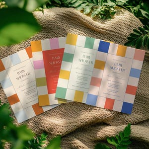 Faire-part de baby shower damier - imprimé et expédié - 5 x 7 cartes - semi-personnalisée - enveloppes gratuites - baby shower non sexiste - coloré