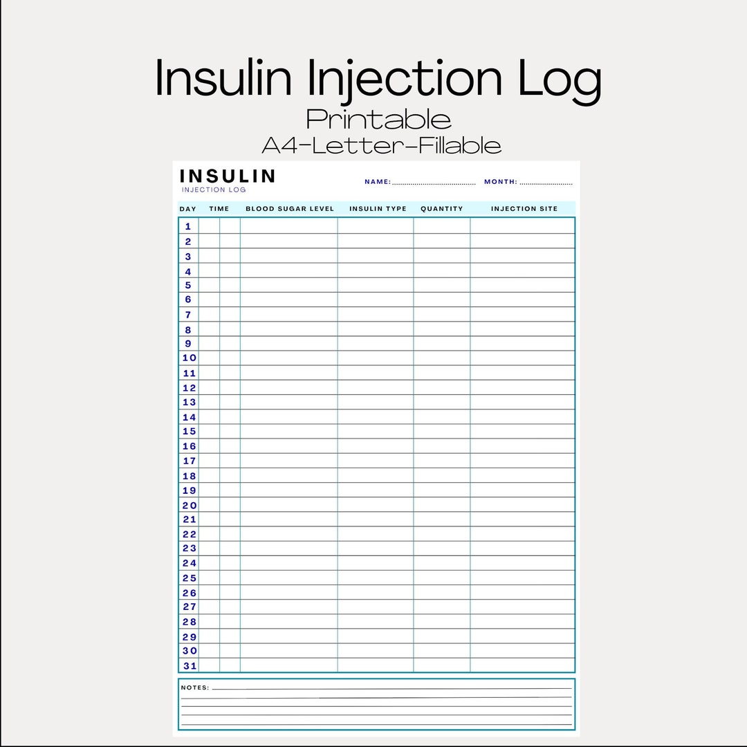 Insulin Injection Log PRINTABLE Day Time Blood Sugar - Etsy